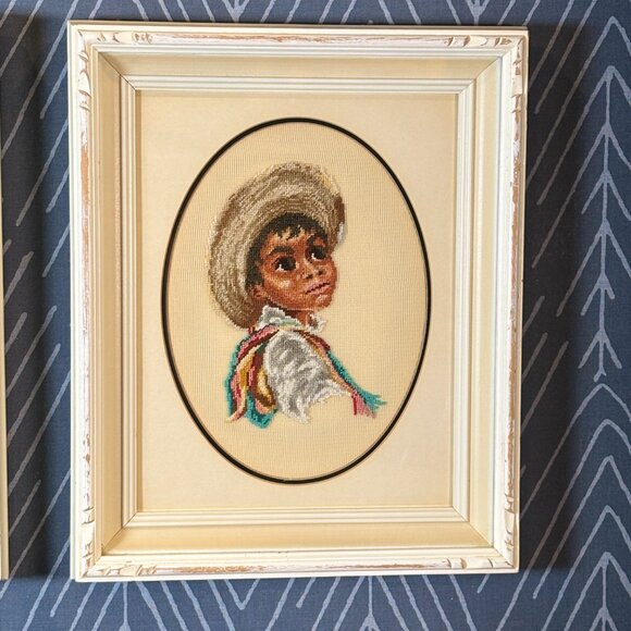 Vintage Needlepoint Art Pepe & Pepita by Jean McIntosh Set of 2 Embroidery Art - Picture 2 of 16
